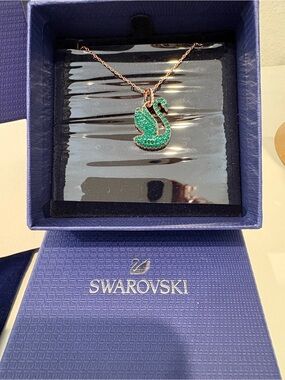Swarovski Rose Gold Swan Pendant Necklace with Green Crystals